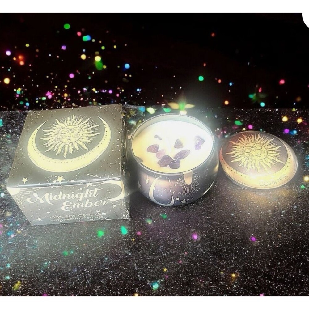 Costa Mesa 100% Soy Candle In Midnight Ember with Amethyst Stones